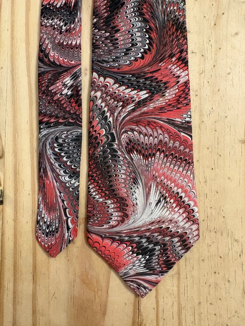 VINTAGE MOTH Hand-Marbled Silk Tie Red Black Swirl Peacock Feather